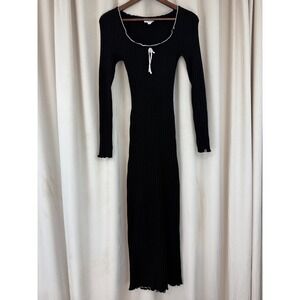 Olive & Oak Black Ribbed‎ Bodycon Midi Dress Lettuce Edging Long Sleeve Size M